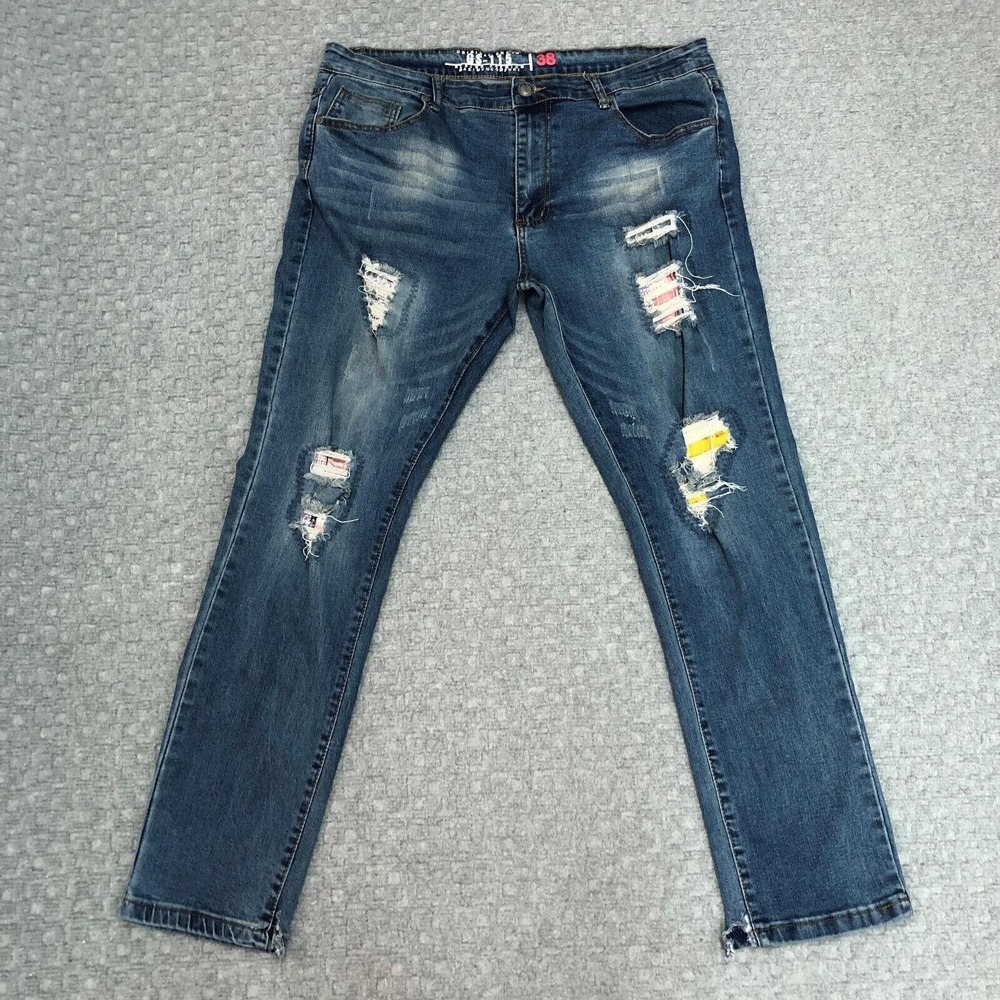 GS-115 Moto Jeans Mens 38 Blue Distressed Ripped Patchwork Stretch Denim Faded